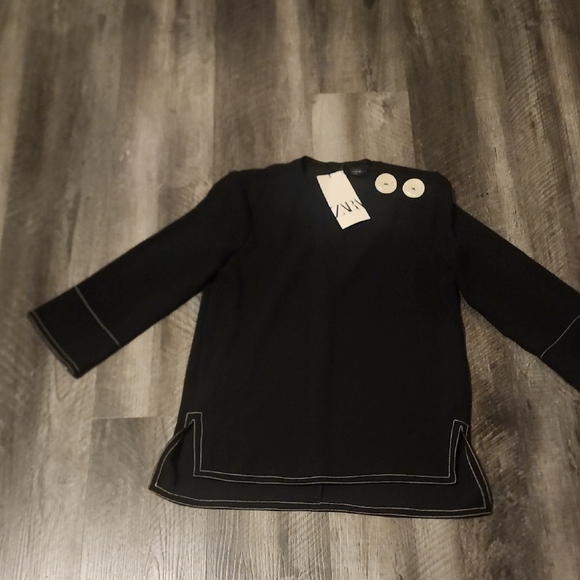 ZARA WOMENS BLACK BLOUSE SIZE XXS WHITE BUTTONS QUARTER SLEEVE - Picture 2 of 5